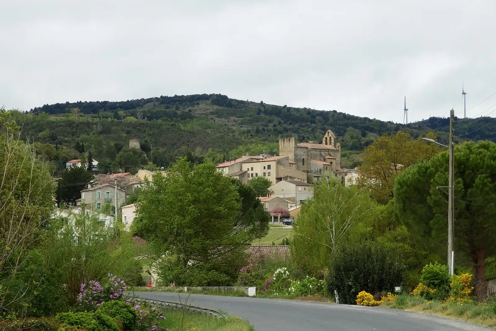 Le village de Magrie, ses maisons de pierre et son clocher au milieu des arbres, au bout d'une route bordée de verdure et de collines